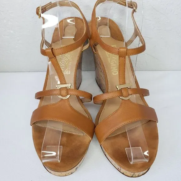 Salvatore Ferragamo Platform Cork Wedges Brown Leather SandalsItaly